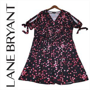 Lane Bryant Black Red Floral Faux Wrap Surplice V-Neck Split Tie Dresss 22/24